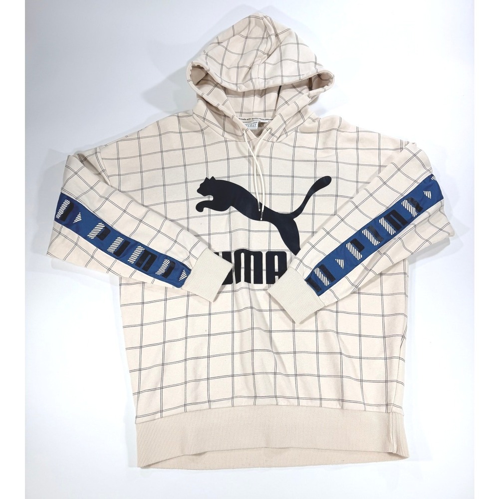 Puma‎ Women's XSGrid Print Oversized Hoodie Cream Blue Logo Sweatshirt